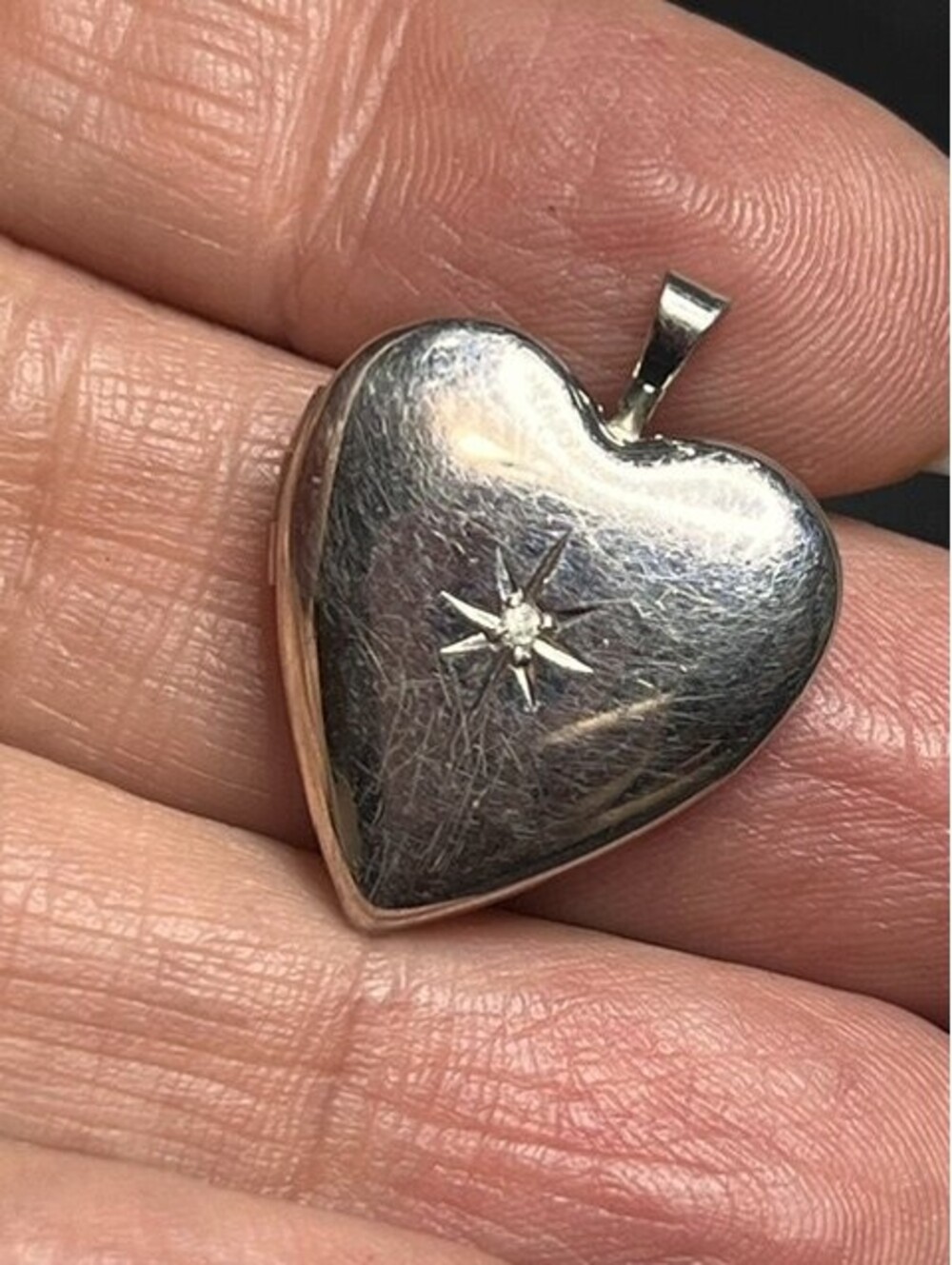 B7026 Sterling Silver Heart Locket Pendant Diamond Accent Starburst 3.4g 1"